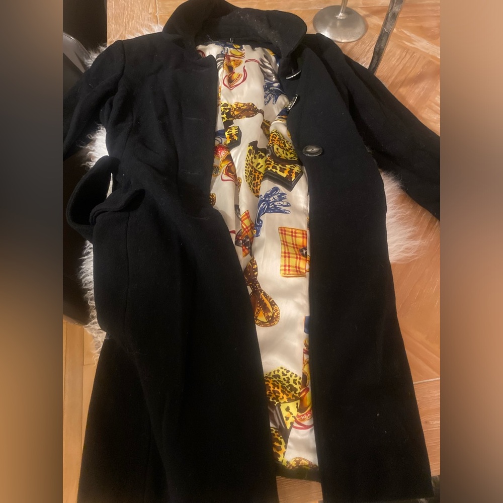 In EUC 9/10 RAMPAGE Black Women's full length Peacoat with Patterned Lining SZ S